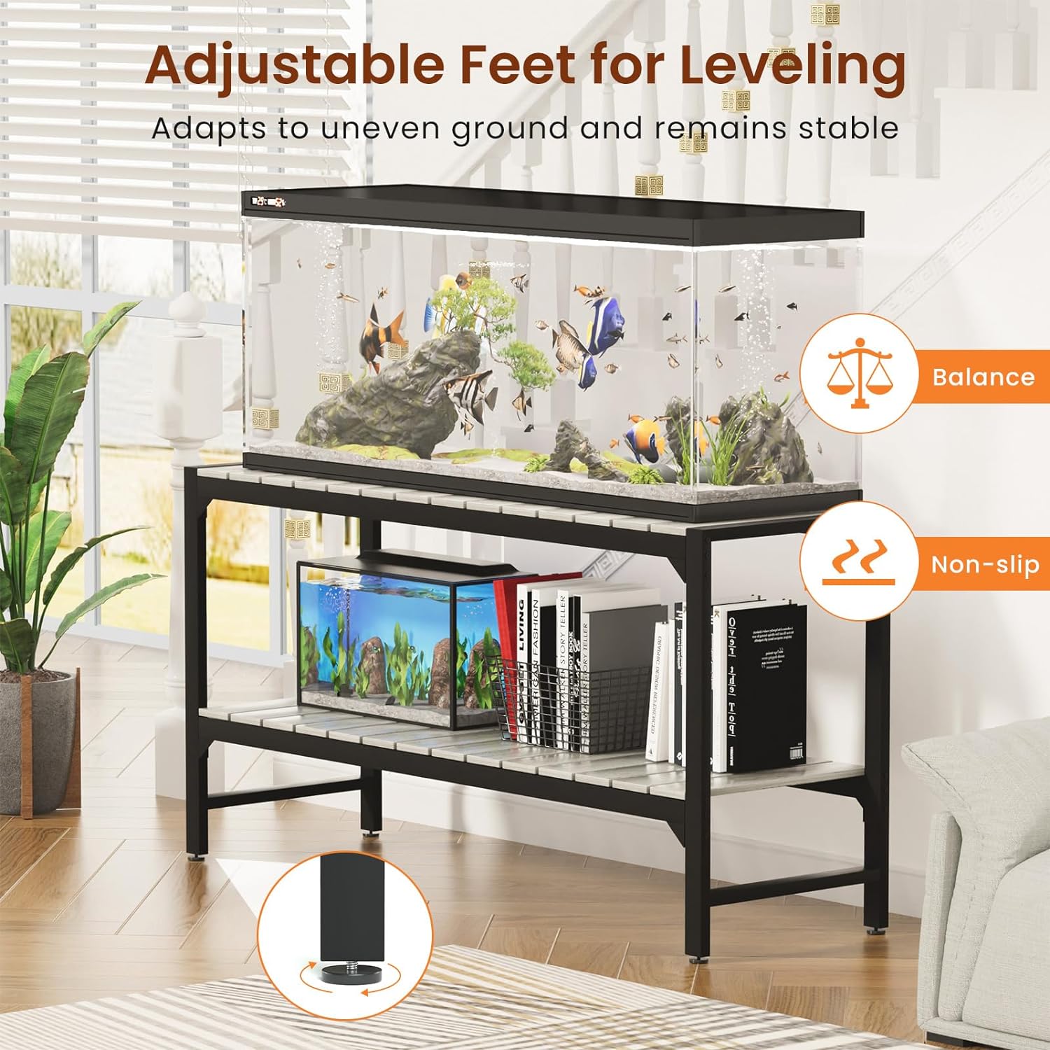 Tatub 55-90 Gallon Fish Tank Stand, Metal Aquarium Stand with 2-tier Open Shelves & Thickened Slats, Heavy Duty Metal Large Aquarium Stand for up to 6 Total Aquariums, 1000 LBS Capacity Per Shelf