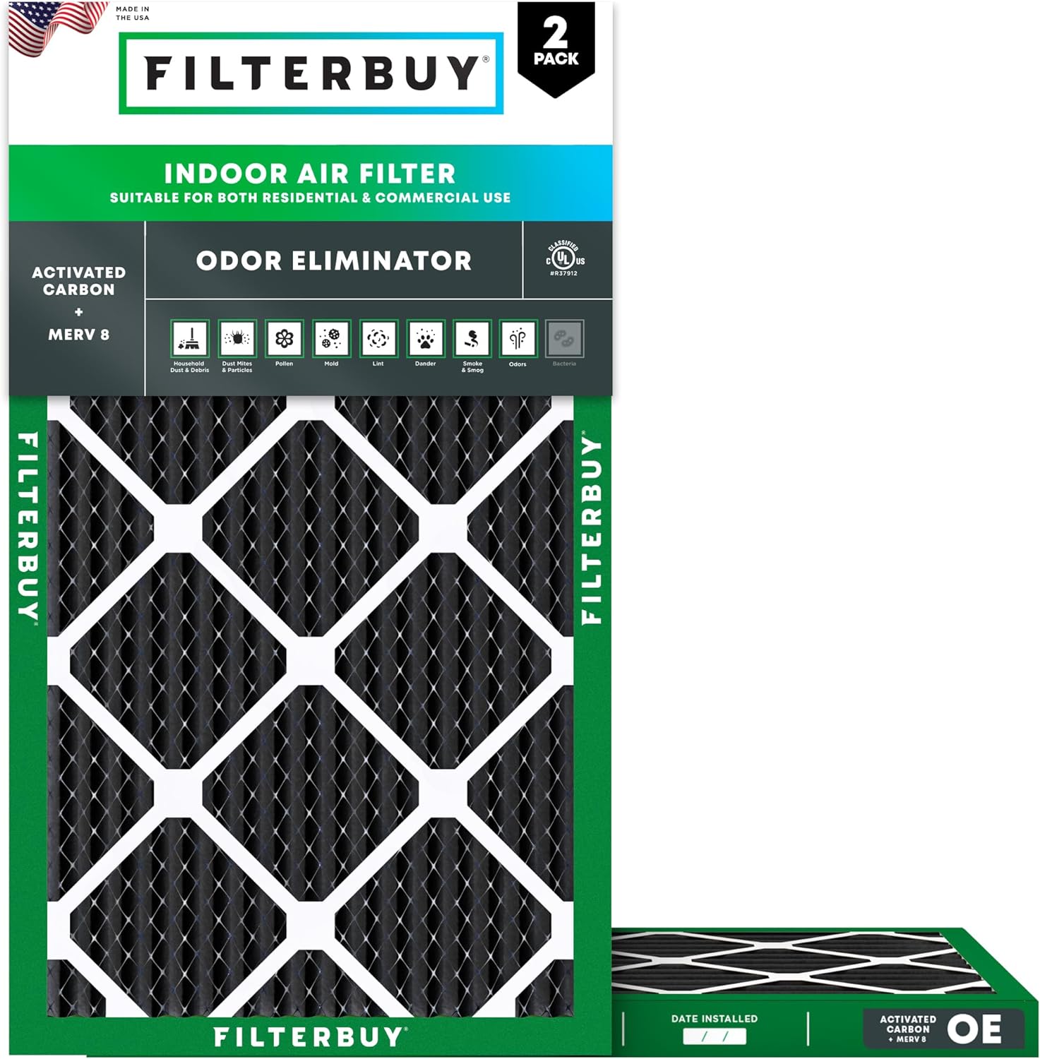 Filterbuy 10x20x1 Air Filter MERV 8 Odor & Allergy Defense with Activated Carbon (2-Pack), Electrostatic Pleated HVAC AC Furnace Filters Replacement, Made in USA (Actual Size: 9.50 x 19.50 x 0.75)