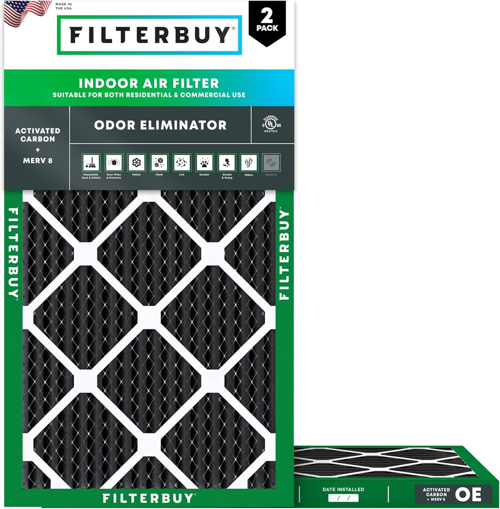 Filterbuy 17x25x1 Air Filter MERV 8 Odor & Allergy Defense with Activated Carbon (2-Pack), Electrostatic Pleated HVAC AC Furnace Filters Replacement, Made in USA (Actual Size: 16.50 x 24.50 x 0.75)