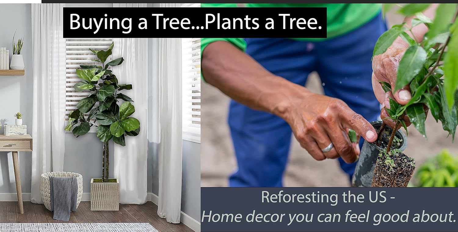 Cypress & Alabaster Handmade 5ft Fiddle Leaf Fig Ficus Lyrata Artificial Tree with Ethically Sourced Real Wood Trunks, Hypoallergenic, 5-Foot, Green