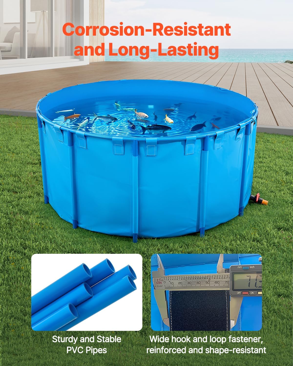 VEVOR Canvas Fish Pond, 1320 Gal Capacity Above Ground Fish Pond, Foldable PVC Koi Tank, Round Goldfish Tank with Stable Frame and Drain Valve, for Aquaculture, Koi Breeding, and Irrigation (Blue)
