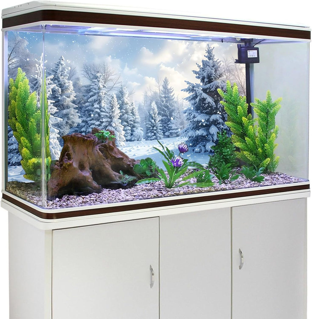 YongFoto Fish Tank Background 60x24 Inch Winter Snow Scene Aquarium Snowfield Pine Forest Rime Blue Sky Backdrop Reptile Terrarium Bearded Dragon Habitat