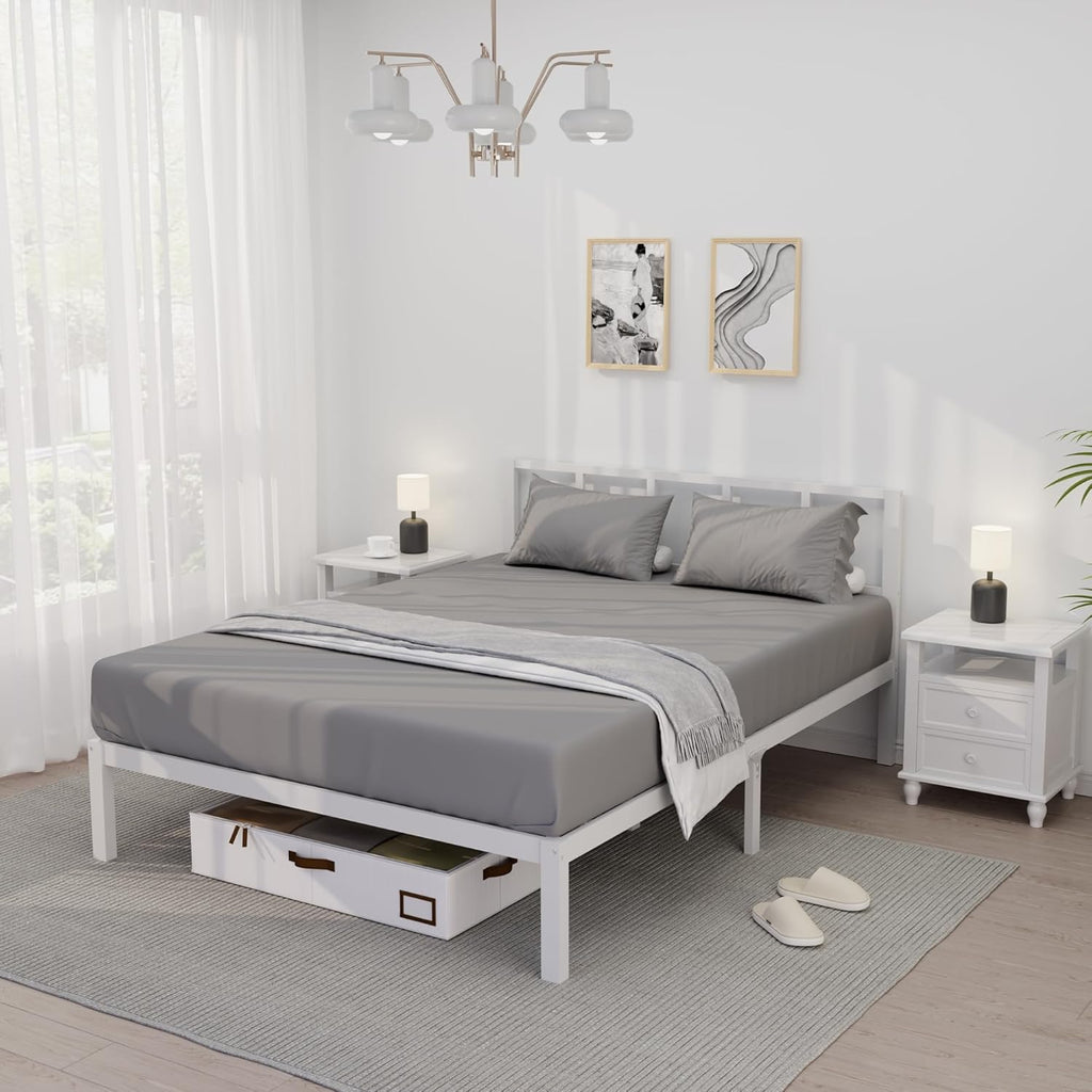 14 Inch Queen Bamboo Platform Bed Frame with Headboard, Wood Slat Support, No Box Spring Needed, Easy Assembly, White