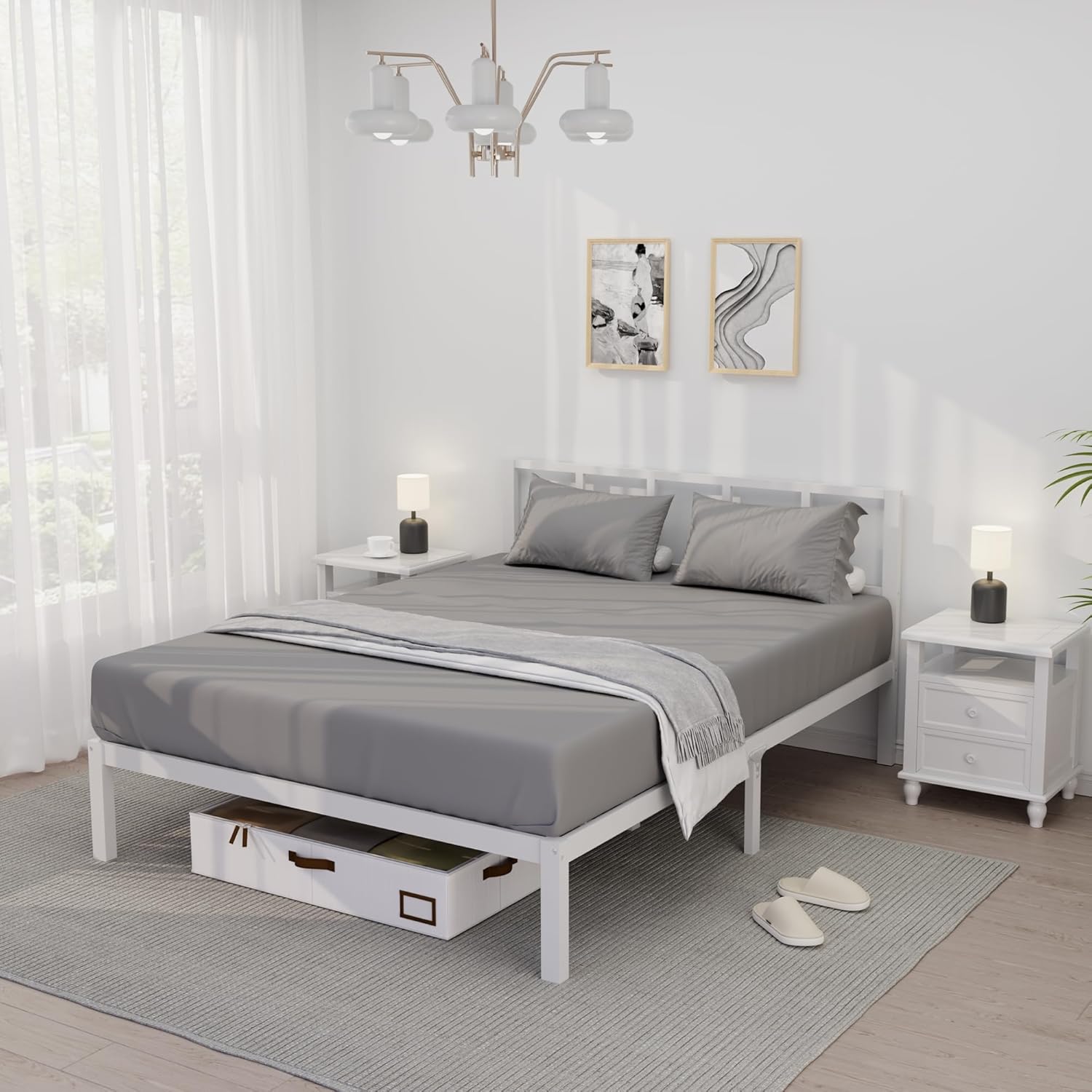 14 Inch Queen Bamboo Platform Bed Frame with Headboard, Wood Slat Support, No Box Spring Needed, Easy Assembly, White