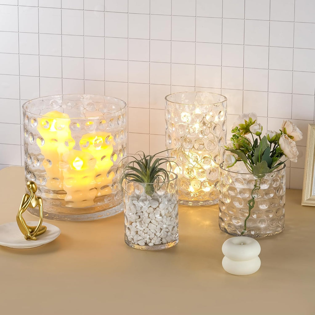 6" Wide 10" High Decorative Glass Cylinder Vase with Dimpled Circle Pattern, 8 Inch Tall, Clear (1, 6"x10")