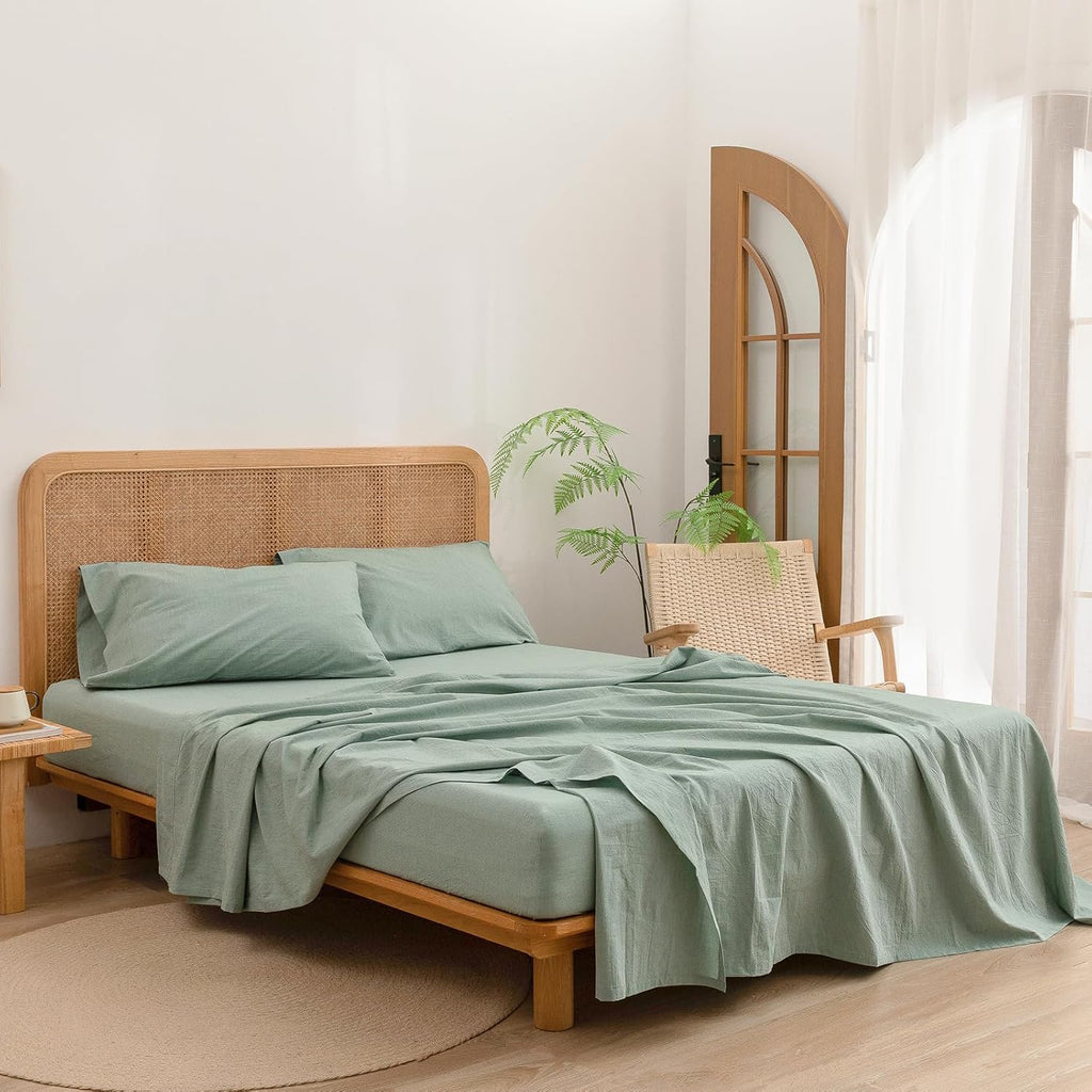 BESTOUCH Sheet Set 100% Washed Cotton Linen Feel Super Soft Comfortable Chic Lightweight 4 Pcs Home Bedding Set Solid Green Full