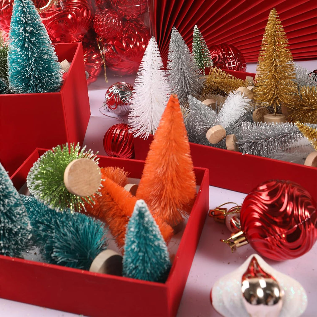 8 Pcs Artificial Mini Christmas Trees, Miniature Pine Trees Sisal Trees with Wood Base Tabletop Christmas Tree for Christmas Xmas Holiday New Year (Orange, 8 pcs)