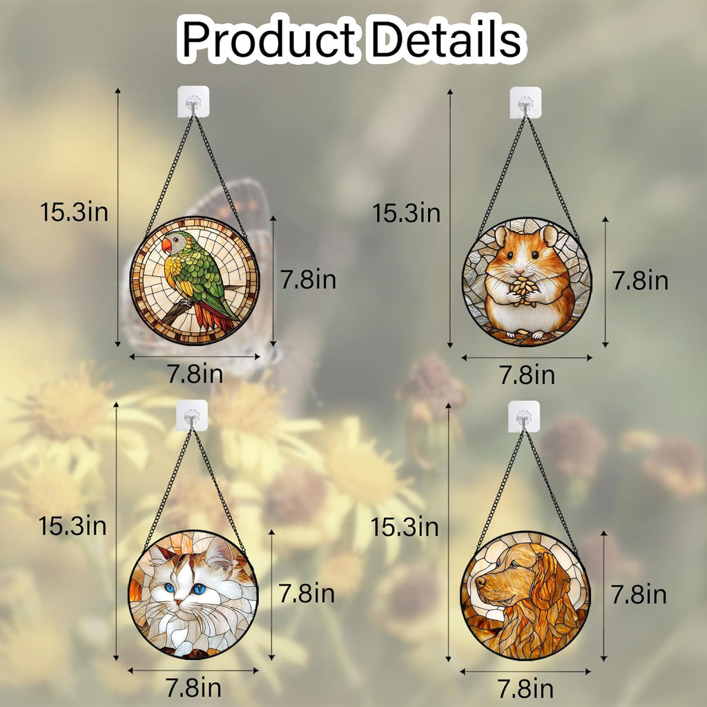 Stained Glass Window Hanging 4 Pcs Set Cute Cat and Dog 7.8" - Animal Suncatcher Door Garden Sun Catcher Decor Birthday Mother's Day for Mom Woman Nana Girl Boy Friend