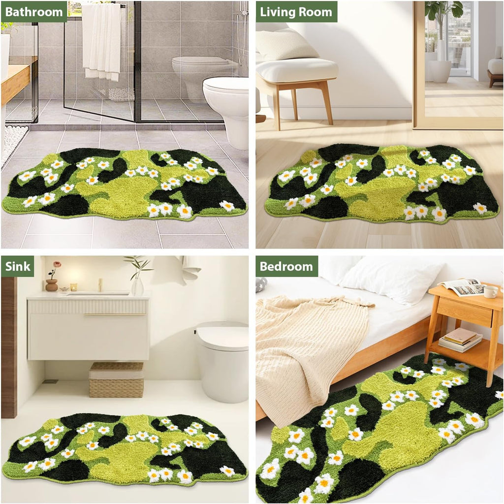 Green Floral Irregular Shaped Rug, Runner, Ultra Thick Soft Microfiber Bath Mat, Water Absorbent Non-Slip Shower Floor Decor, Aesthetic Trendy Rugs for Bedroom, 43x20 Inches