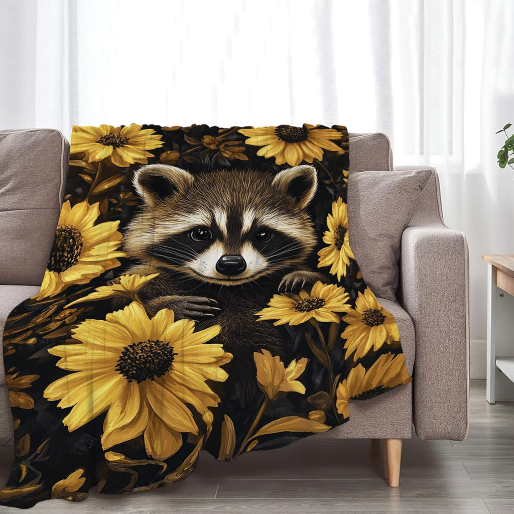 Raccoon Blanket Cute Raccoon Lover Floral Animal Throw Blankets Gifts for Girls Boys Kids Soft Cozy Fleece Plush for Couch Sofa Bed 60"x50"