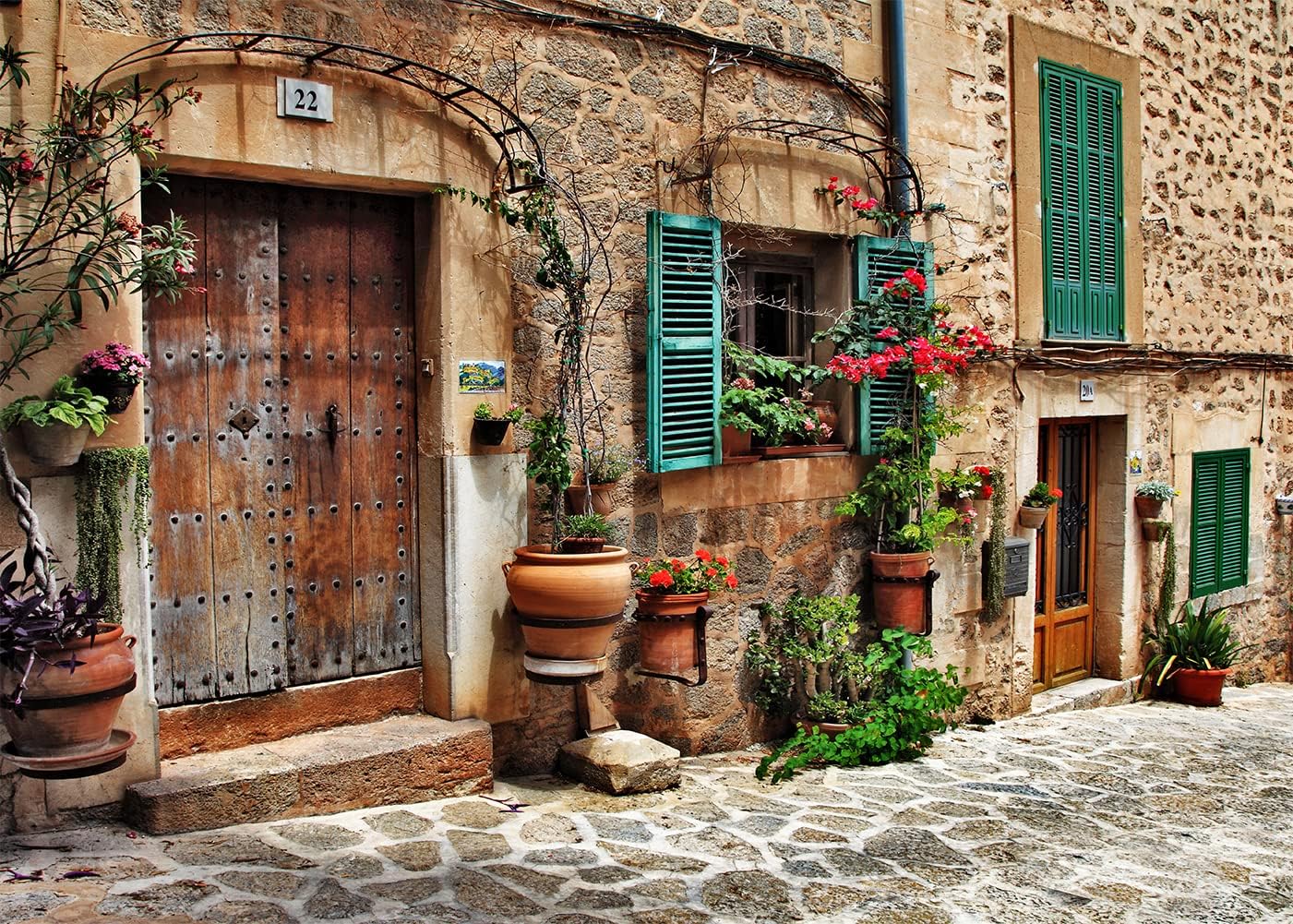 EOALOR 7(W) x5(H) FT Streets Mediterranean Towns Photography Backdrop, Flower Door Windows Wall European Travel Hiking Party Background, Photo Booth Room Studio Props 10646