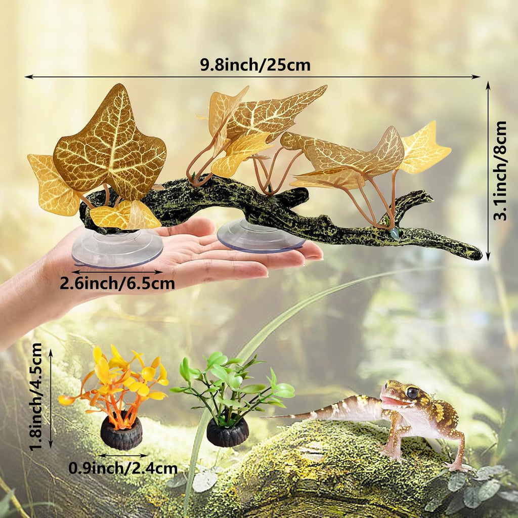 kathson 4 PCS Reptile Corner Branch Resin Snake Climb Tree Branch Decor Reptile Branches for Climbing with Suction Cups Frog Terrarium Plants for Lizard Bearded Dragons Gecko