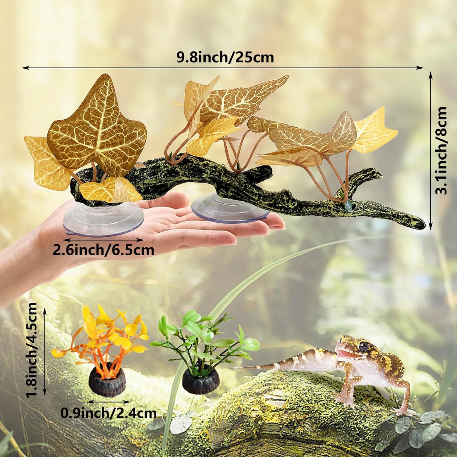 kathson 4 PCS Reptile Corner Branch Resin Snake Climb Tree Branch Decor Reptile Branches for Climbing with Suction Cups Frog Terrarium Plants for Lizard Bearded Dragons Gecko