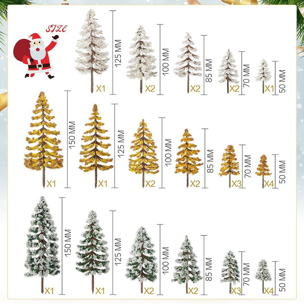 Skylety 35 Pieces Model Trees 1.2-6.3 Inch Mixed Miniature Trees Diorama Supplies Fake Plants Train Scenery Landscape Christmas Village Architecture DIY Crafts(Dark Green, Gold, White,Snowy Cedar)