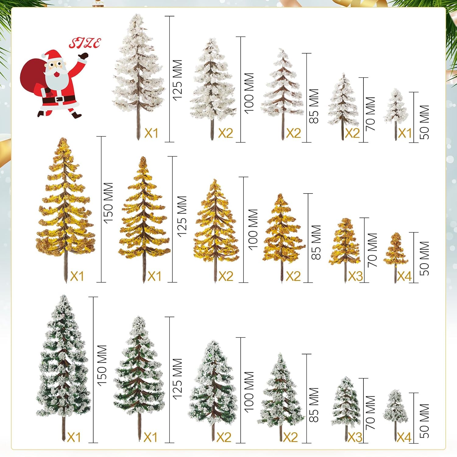 Skylety 35 Pieces Model Trees 1.2-6.3 Inch Mixed Miniature Trees Diorama Supplies Fake Plants Train Scenery Landscape Christmas Village Architecture DIY Crafts(Dark Green, Gold, White,Snowy Cedar)
