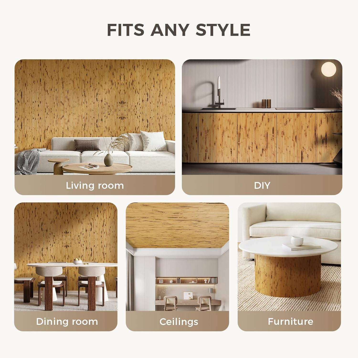 OUZUGIE 1 Pack 96x48 Inch Natural Bamboo Wall Panel – Yellow Burned Pole Wrap Paneling for Walls, Ceilings, Cabinets, Furniture – Ideal for Bedroom, Living Room & Office DIY Decor