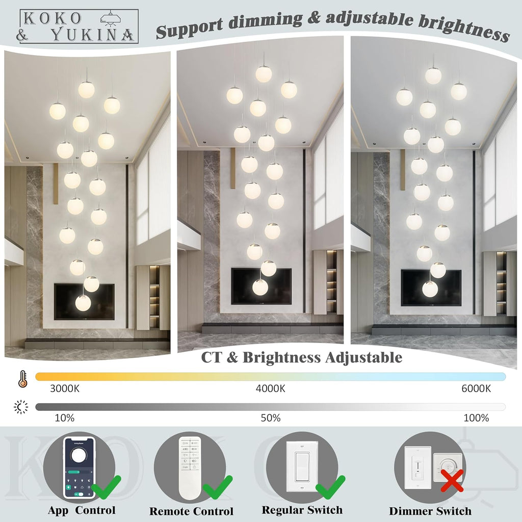 KoKo&Yukina 16-Light Nickel Mid Century Modern Chandelier for Living Room Staircase Chandelier for Entryway Globe Milky White Glass Pendant Light High Ceiling Chandeliers Foyer (Bulb & Remote Incl.)