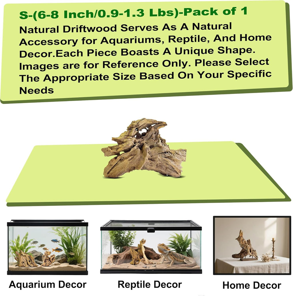 Natural Driftwood for Aquarium Decor,Reptile Habitat&Home DIY Decor,Naturally Unique Shapes Weathered Wood,Easy to Use S-(6-8 Inch/0.9-1.3 Lbs)-Pack of 1
