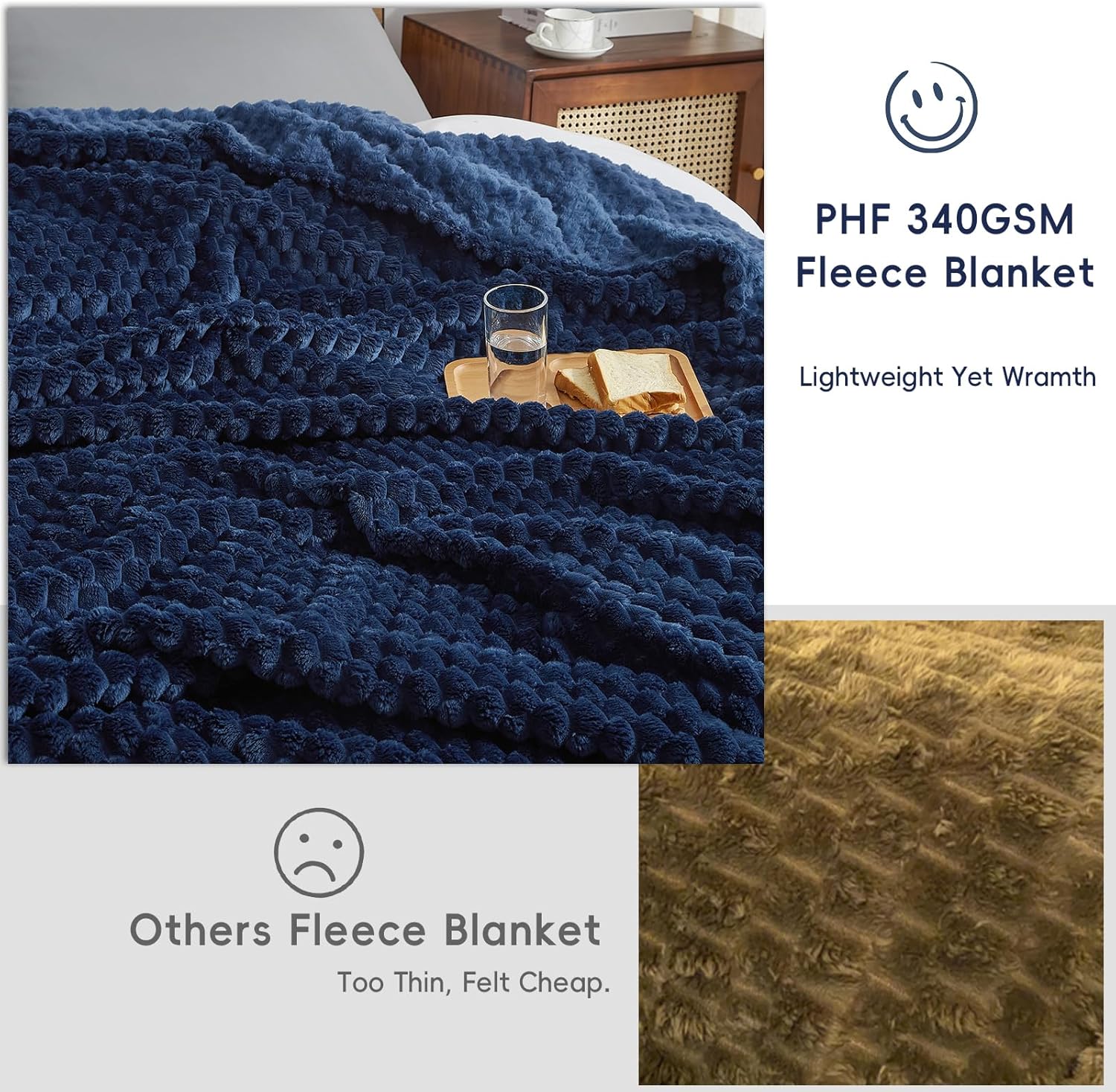 PHF Ultra Soft Flannel Fleece Throw Blanket, Lightweight 3D Jacquard Fleece Blanket, No Shedding, No Pilling, Luxury 340GSM Aesthetic Fluffy Cozy Throws for Couch Room Decor, 50"x60", Navy Blue