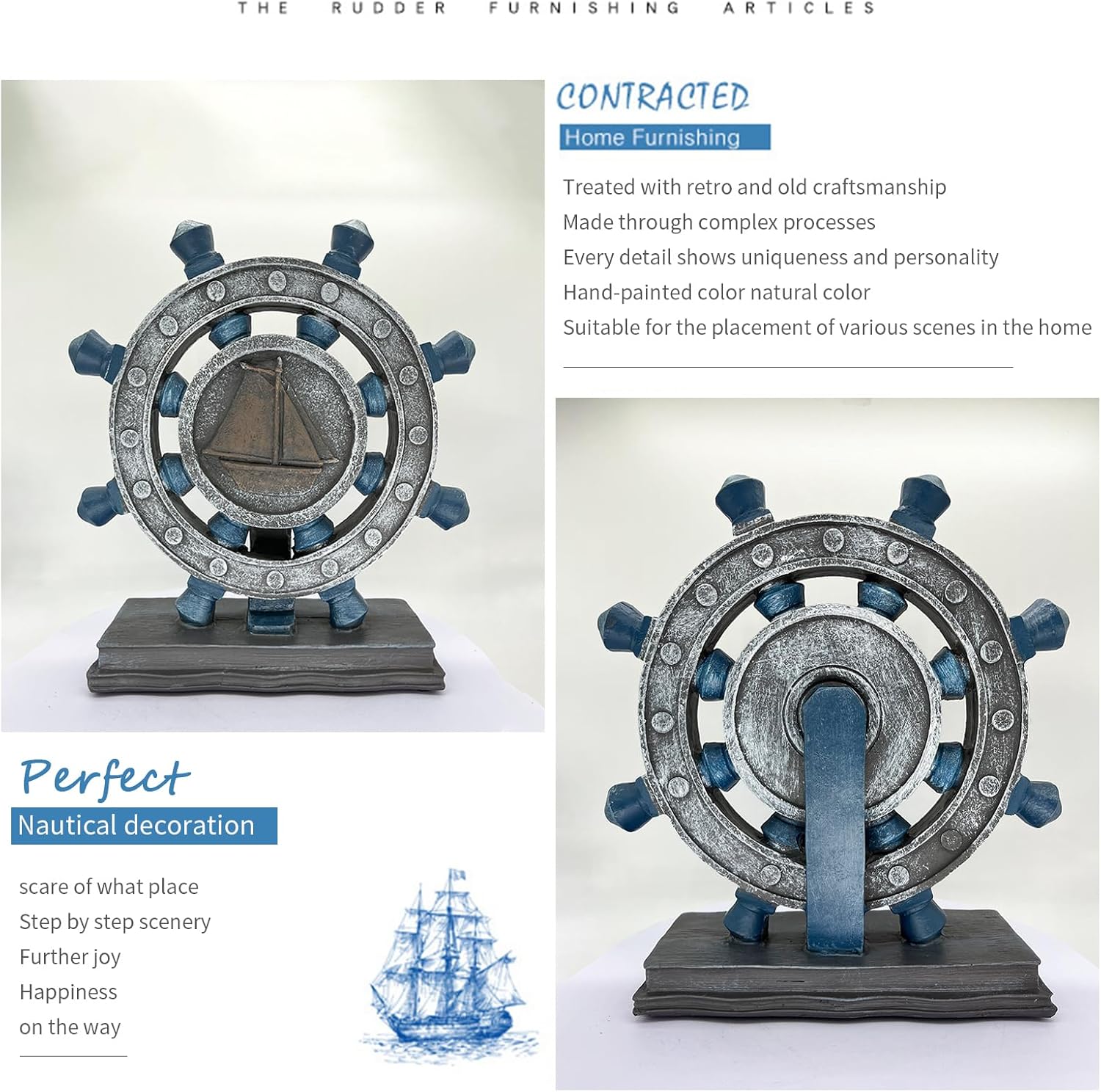 Nautical Decor Rudder-Figurine Mediterranean Style - Blue Boat Steering Model Resin Handicraft White Statue for Bookshelf Desktop Home Decoration