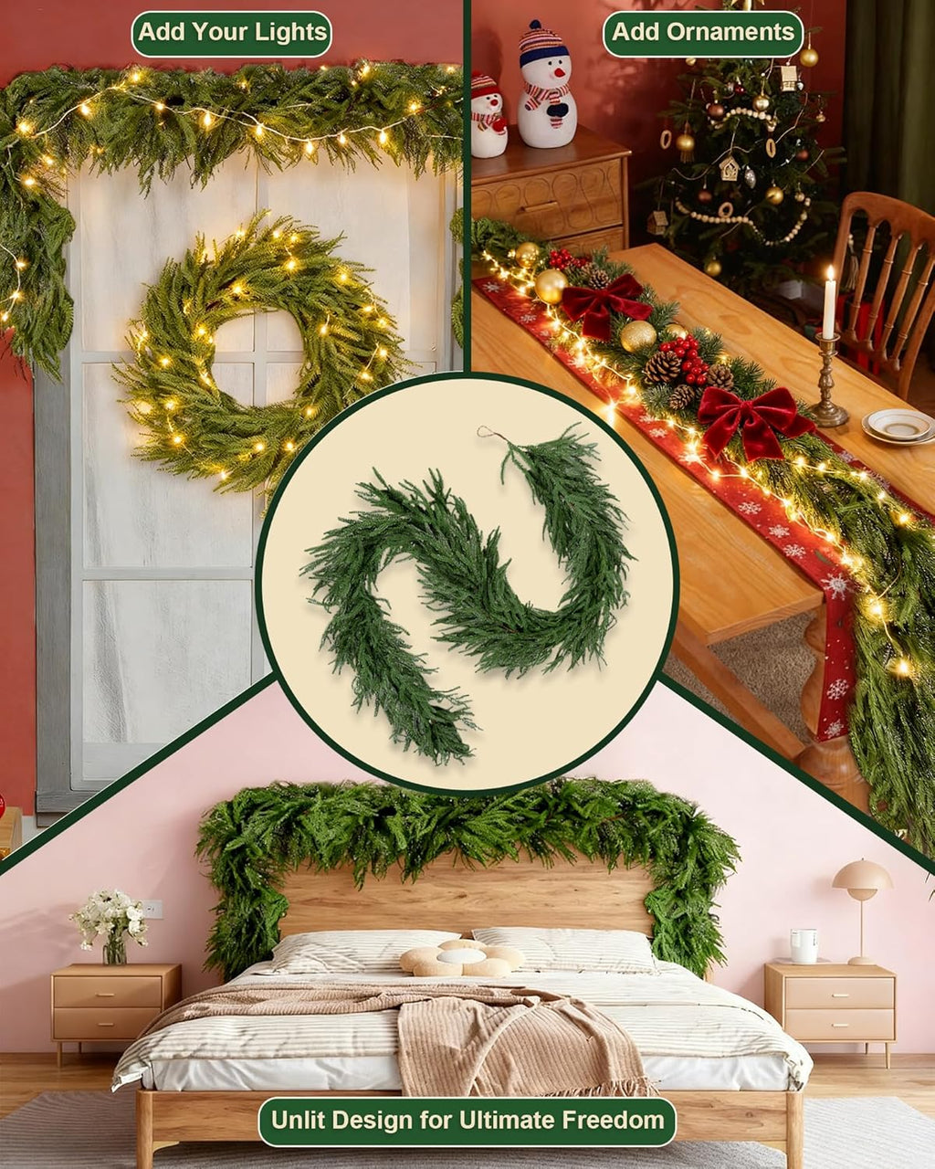12FT (2 * 6FT) Artificial Christmas Garland, Real Touch Norfolk Pine Greenery Garland, Ultra Full & Lush Unlit Garland for Door, Mantle, Fireplace, Stair, Indoor Outdoor Xmas Decorations