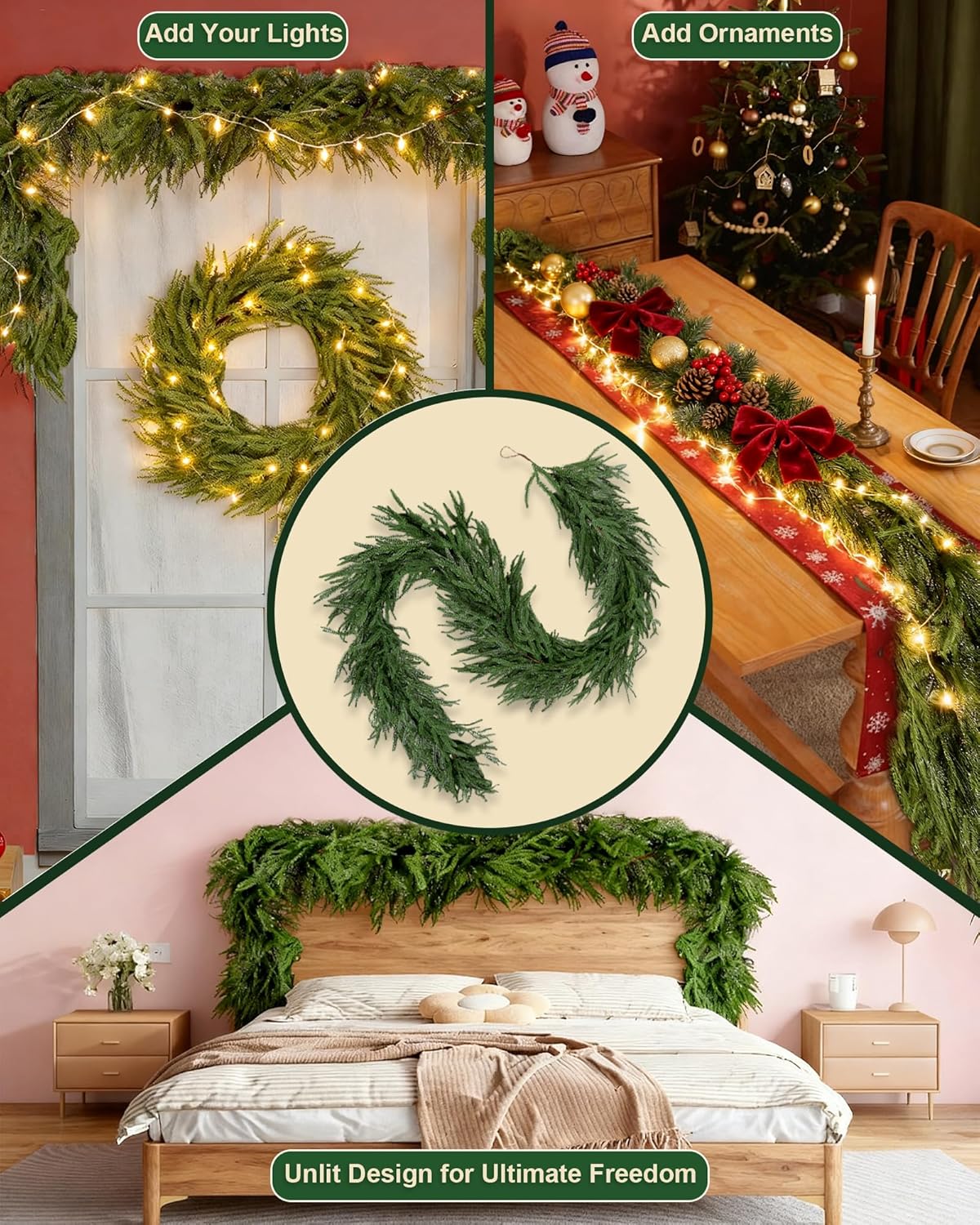 24FT (4 * 6FT) Artificial Christmas Garland, Real Touch Norfolk Pine Greenery Garland, Ultra Full & Lush Unlit Garland for Door, Mantle, Fireplace, Stair, Indoor Outdoor Xmas Decorations