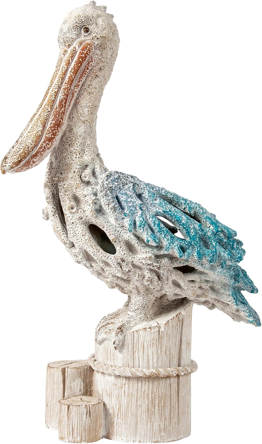 Blue Pelican on Post Figurine – 13.75” Coastal Nautical Decor, Coral Reef Ocean Statue for Beach Home Accent, Shelf, Mantel, or Tabletop Display