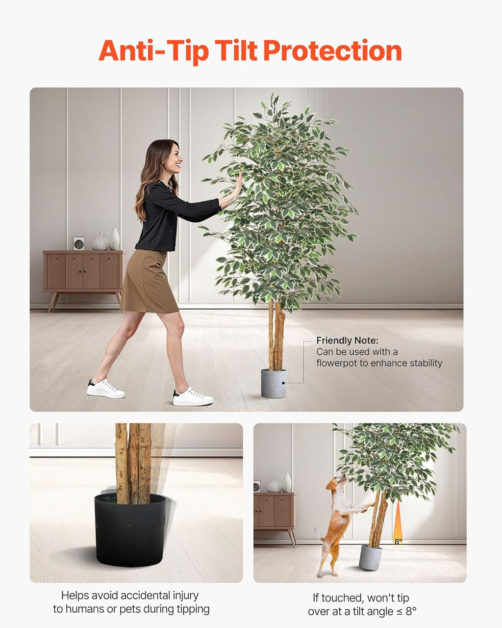 VEVOR 6FT Artificial Ficus Tree with Black Pot, Tall Faux Ficus Plant with Natural Wood Trunk and Realistic Green Leaves, Indoor Fake Silk Tree for Home, Office, Living Room, or Corner Décor