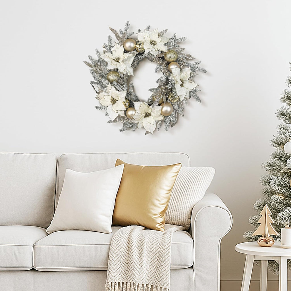 Christmas Wreath Artificial Wreath with White/Silver Balls, Ivory Poinsettias and Gold Leaf for Christmas Holiday Decoration for Home Front Door (Indoor & Outdoor Use)