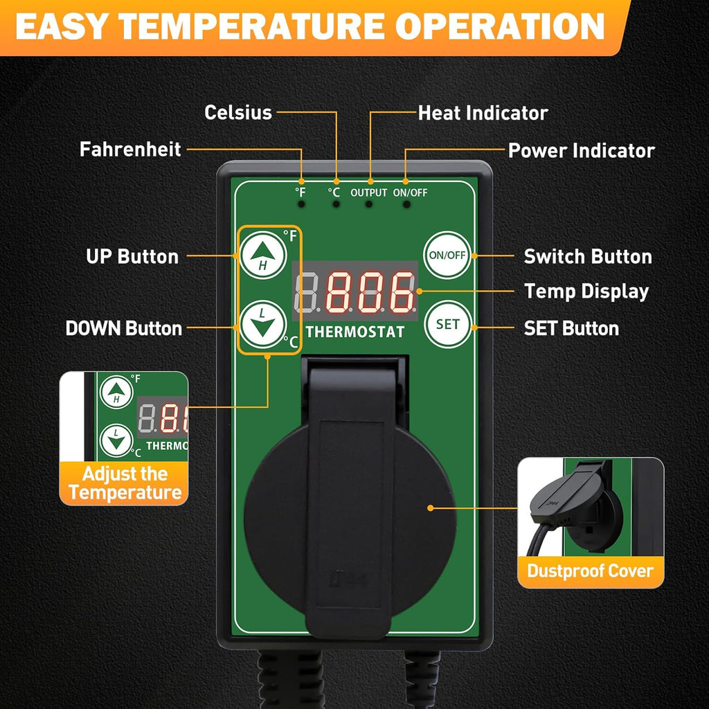 COOS BAY Digital Thermostat Controller -4 to 108°F, Temperature Control for Greenhouse Heater, Heat Mat, Grow Tent, Garage, Reptile Enclosure, Homebrew, Seedling, 15A/1500W, Green, 2 Pack