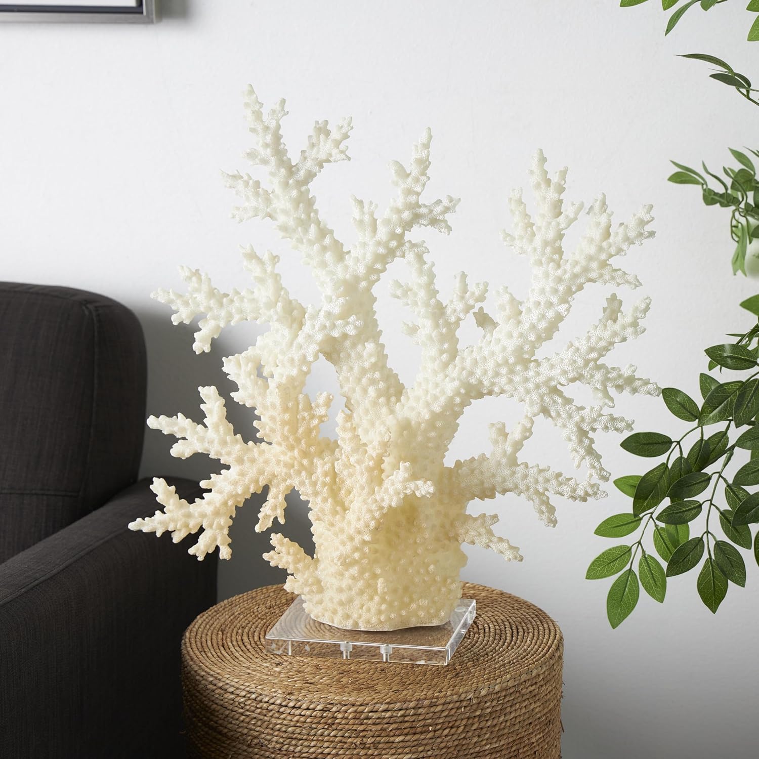 Deco 79 Polystone Coral Decorative Sculpture Home Decor Statue with Clear Acrylic Base, Accent Figurine 21" x 6" x 21", Cream