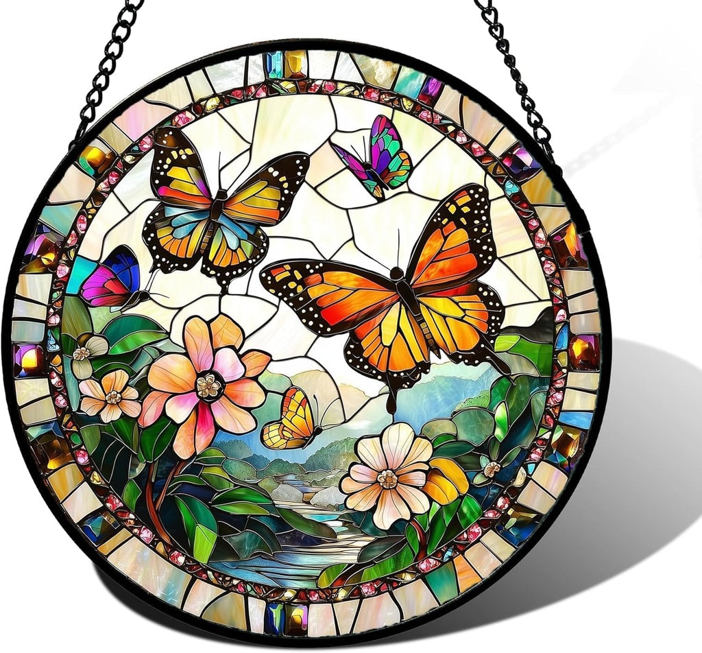 Stained Glass Window Hanging, Butterflies Flying in The Sky Suncatcher for Doors Home Sun Catchers Decoration and Christmas, Mother's Day Birthday Gifts for Women, Men, and Mom 14.9x14.9 in