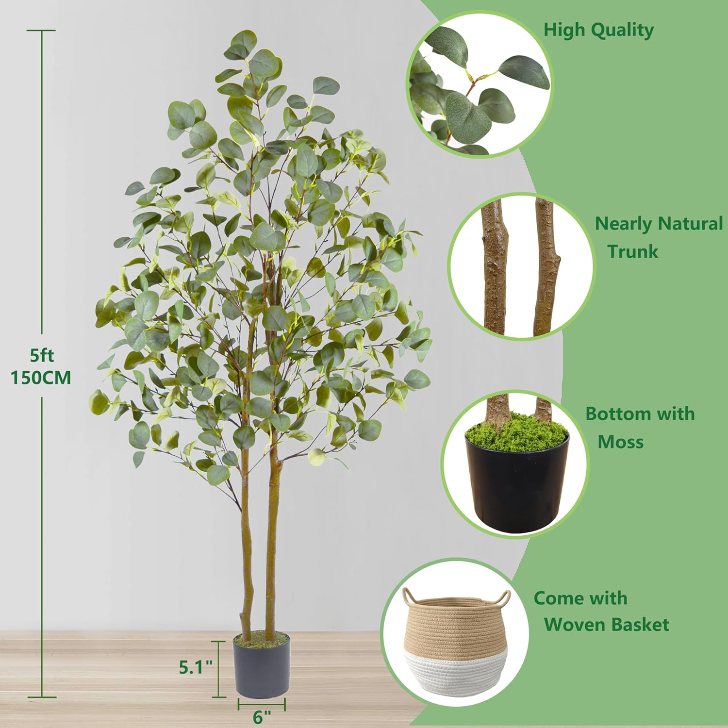 Artificial Eucalyptus Tree, 5ft Tall Fake Eucalyptus Plant with Woven Basket, 60'' Silk Leaves Faux Tree for Indoor Home Office Livingroom Garden Floor Décor