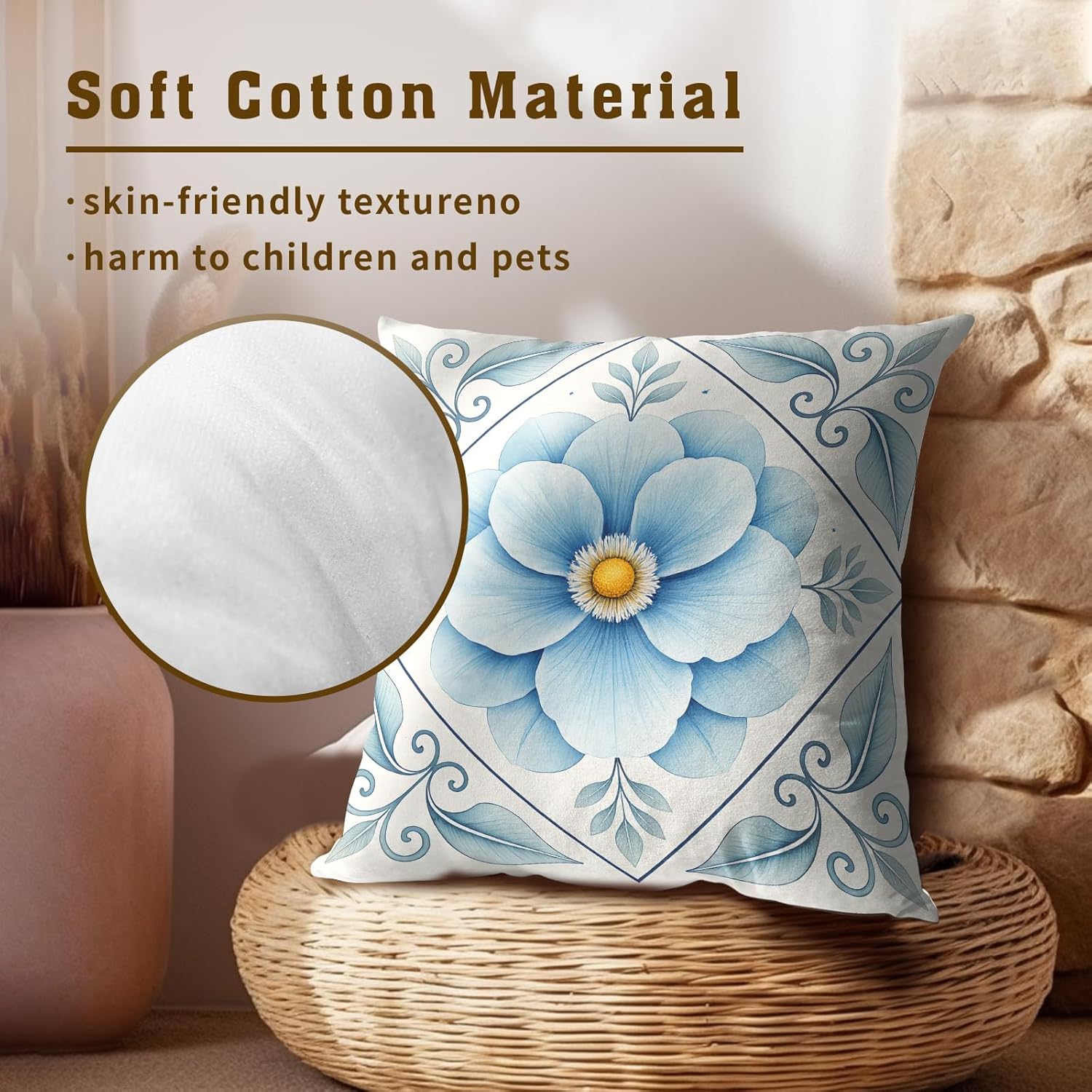 Artisan Blue and White Floral Throw Pillow Covers Set of 2 Ultra-Soft All-Season Pillow Shams with Hidden Zipper,Durable for Sofa Bed Car Decor & Gift 18x18IN