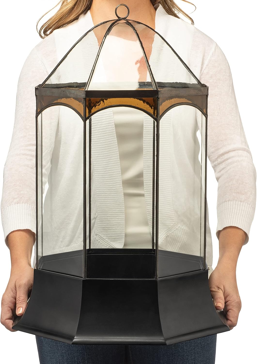 H Potter Eight Sided Terrarium Wardian Case with Curved Glass and Brown Accents Large