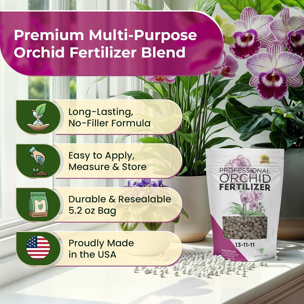 Leaves and Soul Orchid Fertilizer Pellets |13-11-11 Slow Release Pellets for Seedlings and Mature Plants | Multi-Purpose Blend & Gardening Supplies, No Fillers | 5.2 oz Resealable Packaging