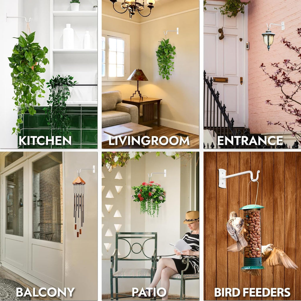 RTZEN Plant Hangers Indoor or Outdoor - Wrought Iron Metal Hanger Indoor Hook - Heavy Duty Wall Bracket Hooks for Hanging Plants Baskets Lanterns Wind Chimes - 2 Pack (White Shepherds Hooks)