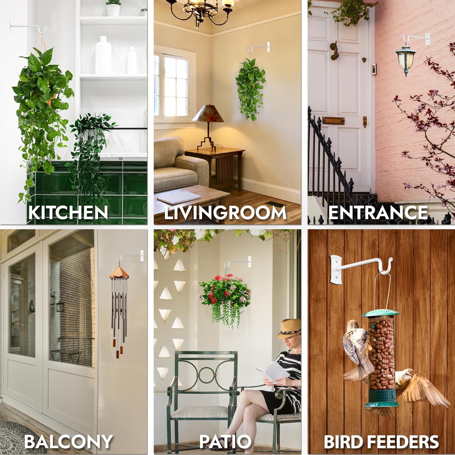 RTZEN Plant Hangers Indoor or Outdoor - Wrought Iron Metal Hanger Indoor Hook - Heavy Duty Wall Bracket Hooks for Hanging Plants Baskets Lanterns Wind Chimes - 2 Pack (White Shepherds Hooks)