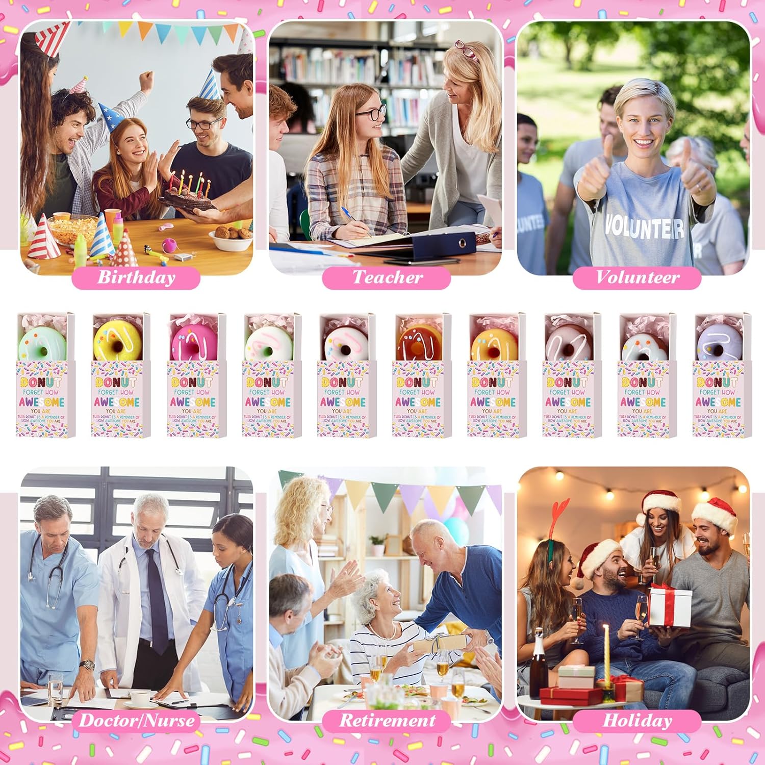 Wettarn 50 Sets Appreciation Donut Gifts Cute Stress Balls with Support Gift Boxes Inspirational Party Favors for Employee Coworker Friends Office Positive Stress Relief Toys