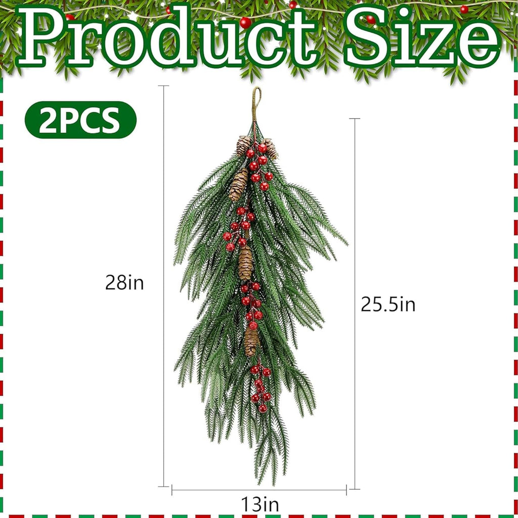 2 Pcs Artificial Christmas Teardrop Swag with Berries and Pinecones, Faux Berry Pine Branch Teardrop Door Swag, Real Touch Norfolk Wreath Greenery Staircase Swags for Xmas Door Mantle Fireplace Decor