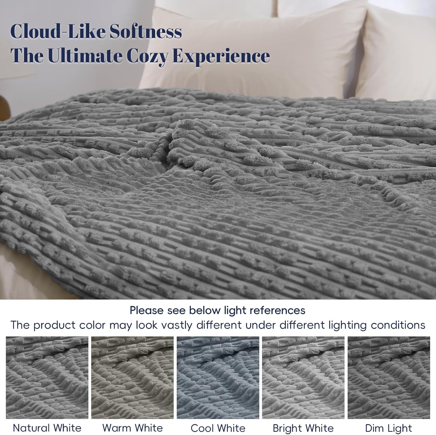 PHF Ultra Soft Flannel Fleece Blanket King Size, Lightweight 3D Jacquard Fleece Blanket, No Shedding, No Pilling, Luxury 340GSM Aesthetic Fluffy Cozy for Bed Room Decor, 108"x90", Frost Gray