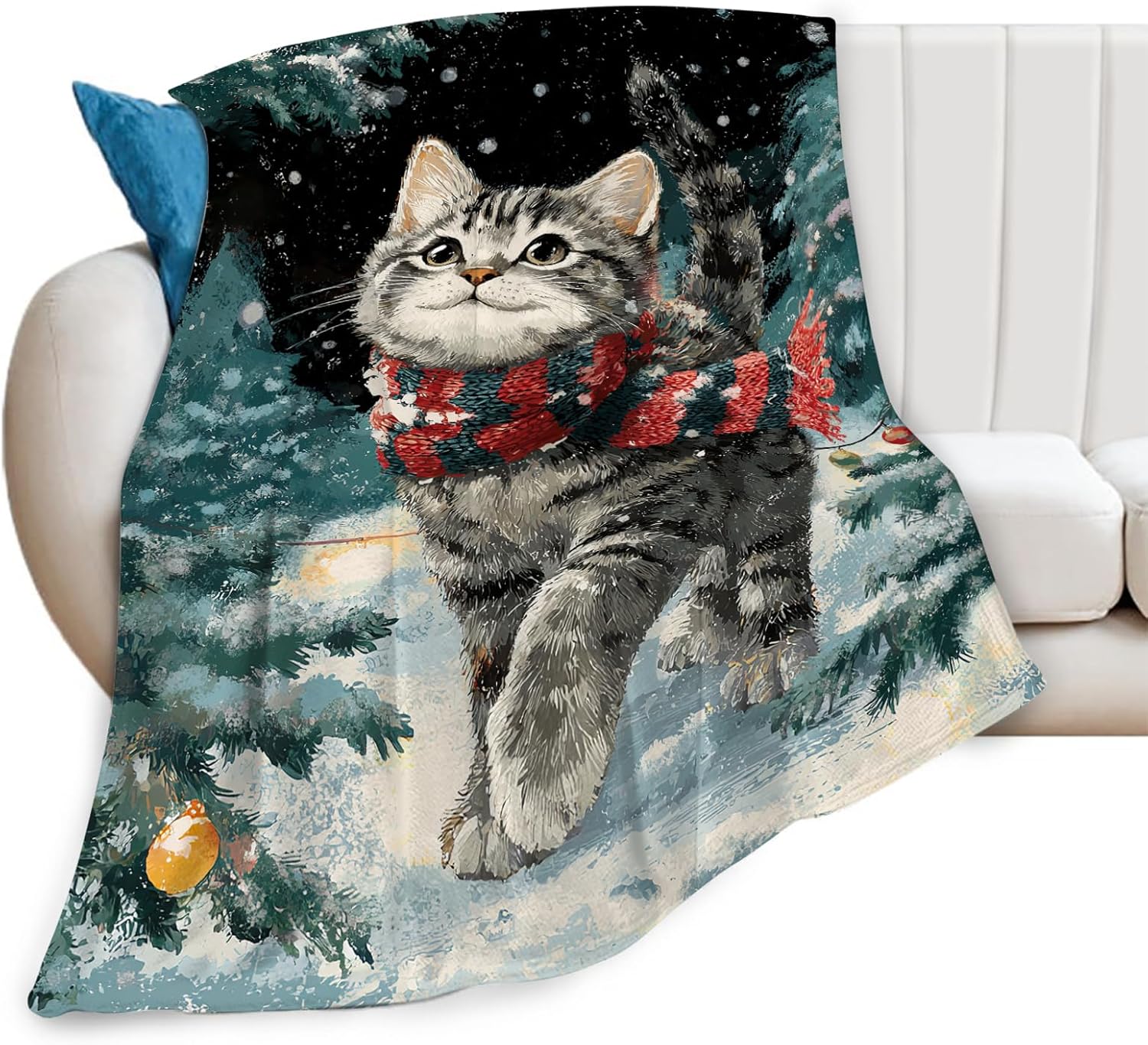 Cat Blanket Christmas Winter Night Throw Blankets Kitten Gifts for Girls Boys Kids Cat Lover Soft Cozy Fleece Plush for Couch Sofa Bed 80"x60"