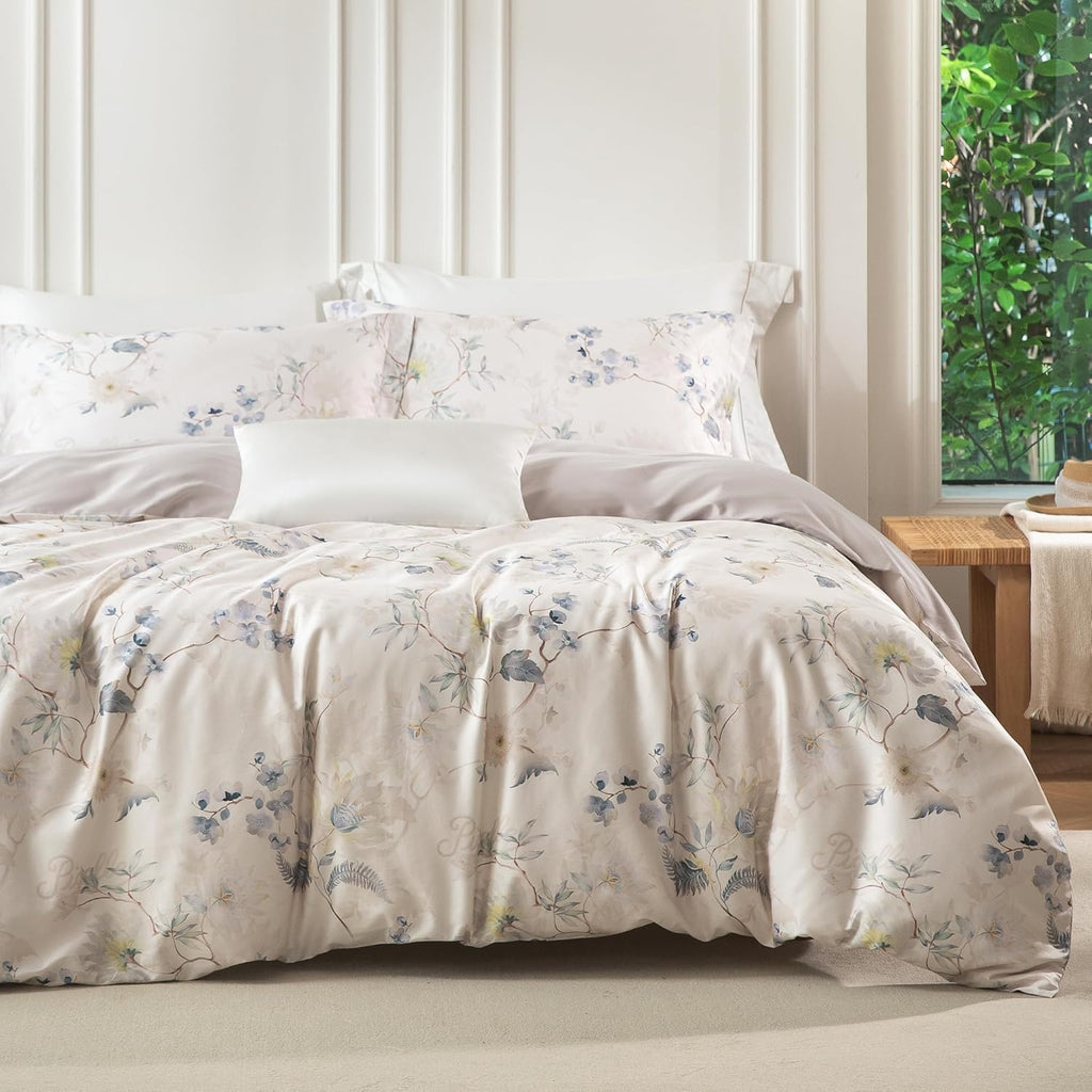 MILDLY Full Size Duvet Cover Set 100% Long-Staple Cotton Luxury Elegant Floral Patten Reversible Comforter Cover Set 3Pcs