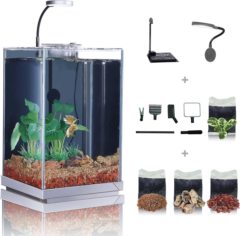 Nano Desktop Betta Fish Tank Set, 2.7 Gallon Glass Aquarium Hidden Bottom Filtration System Self Cleaning Filter Light Gravel Plant Cleaning Tool, for Small Space Easy Setup Space-Saving Design