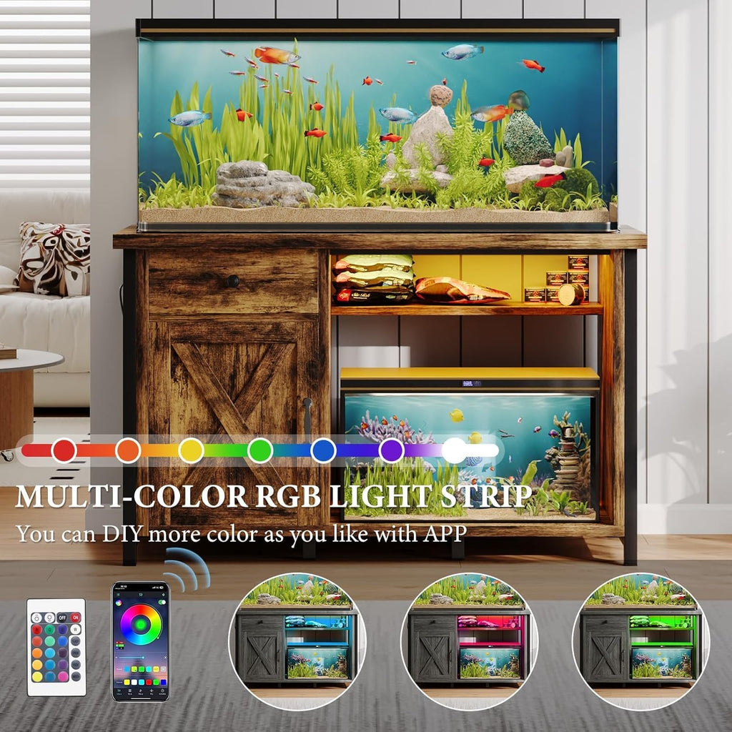 4ever2buy 55-75 Gallon Fish Tank Stand with Power Outlets, LED Light, Heavy Duty Aquarium Stand with Cabinet for Fish Tank Accessories Storage, for Turtle Tank, Reptile Terrarium, 1100LBS, Black