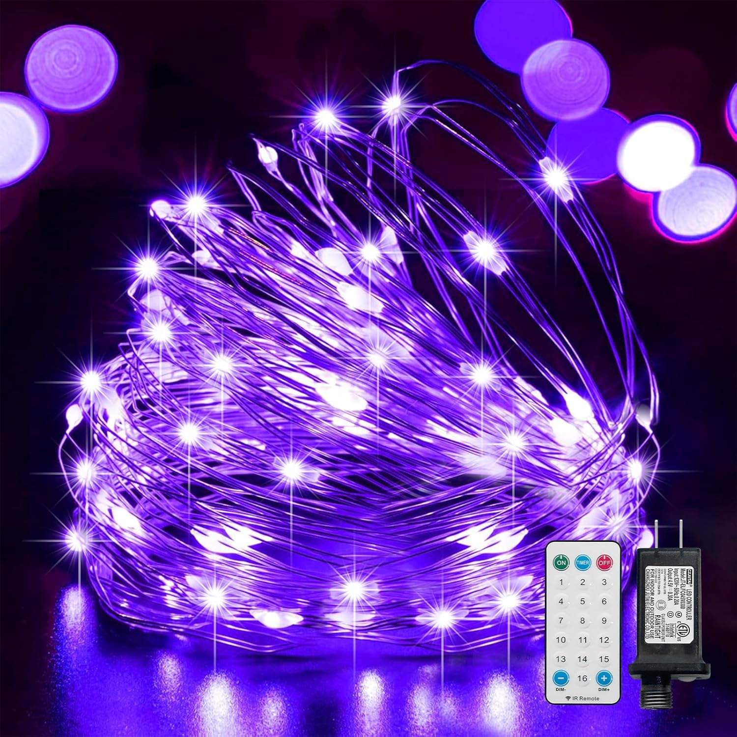 LAMPHOME Halloween Fairy Lights Plug in, 33Ft 100 LEDs Waterproof Twinkle Firefly Lights, Adaptor Included, Starry String Lights for Wedding Indoor Outdoor Christmas Patio Garden, Purple