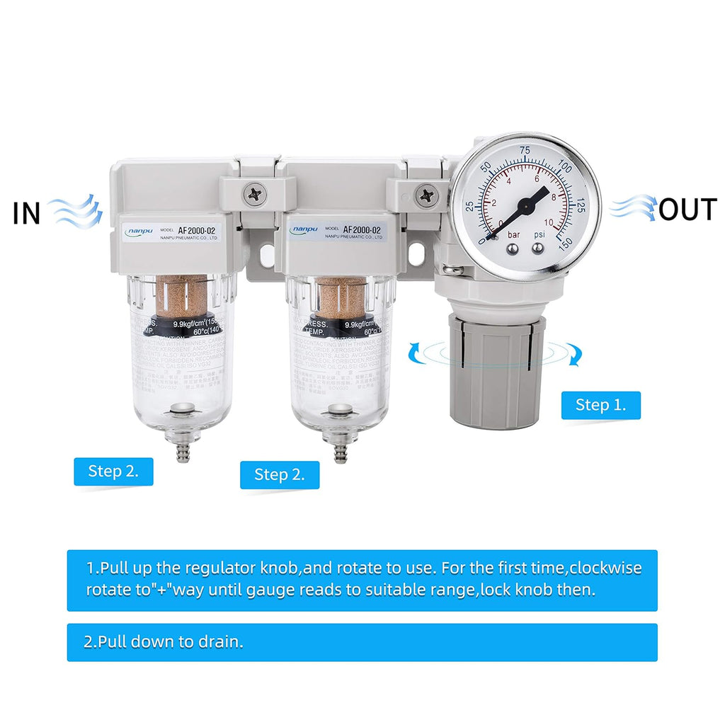 NANPU DFR-02 1/4" NPT Air Drying System - Double Air Filters, Air Pressure Regulator Combo - Semi-Auto Drain, Poly Bowl