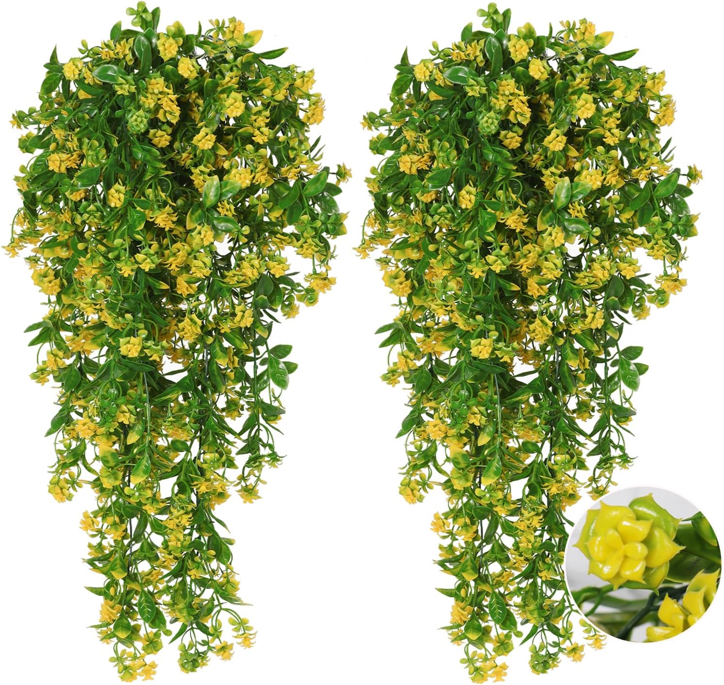 RECUTMS Hanging Plants Fake Vines Fake Hanging Plants Outdoor Greenery Faux Greenery 2Pcs Artificial Hanging Flower for Outdoors Hanging Basket Plastic Home Garden Wedding Party Decorations(Yellow)