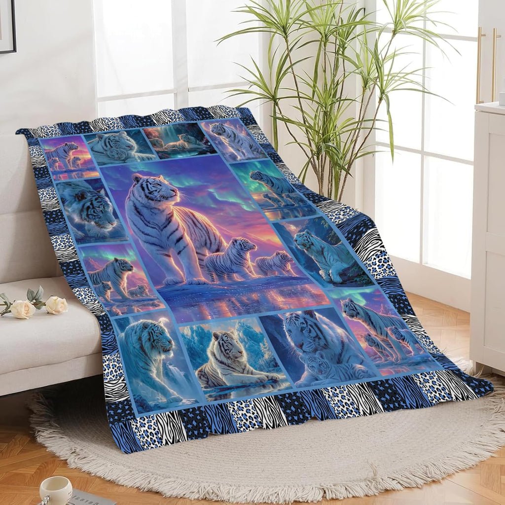 White Tiger Throw Blanket White Tiger Stuff Gifts for Kids Girls Boys Adults Women Men Soft Cozy Warm Plush Fluffy Fuzzy Fleece Blanket Decor 60''X80''