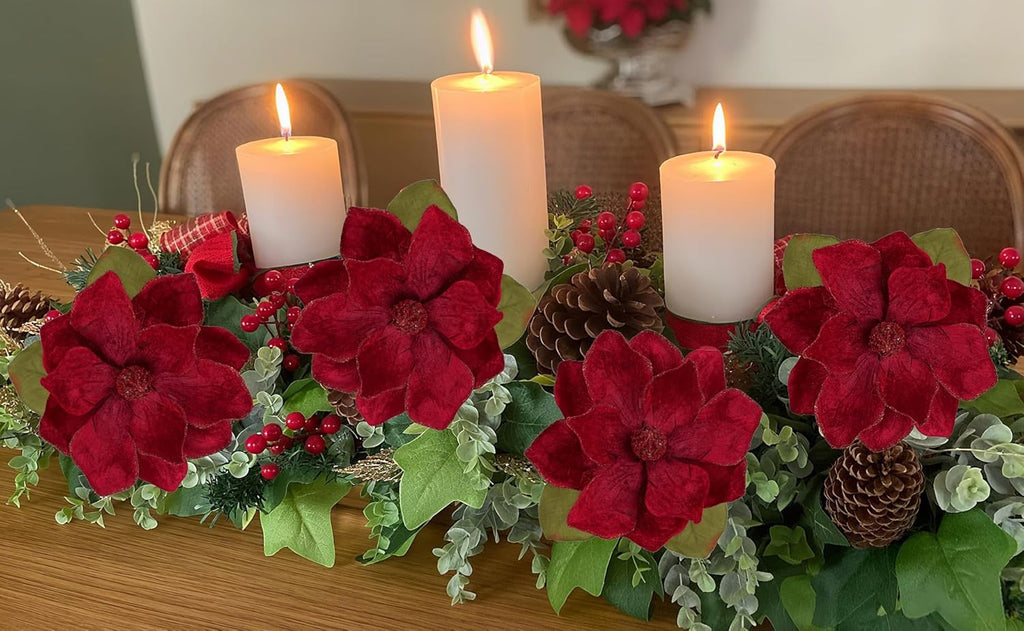 Briful Set of 3 Artificial Christmas Magnolias Flowers – 30’’ Long Stem Faux Magnolia Stems for Tree Ornaments, Holiday Centerpieces & Christmas Decor,Dark Red